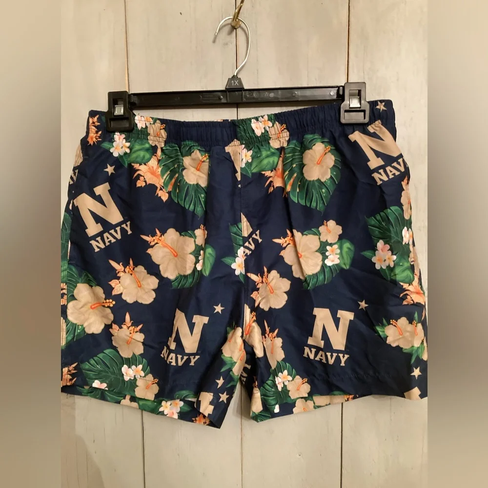Navy Aloha Print LSwim Trunks Mens Large Shorts Blue 100% collegiate License New